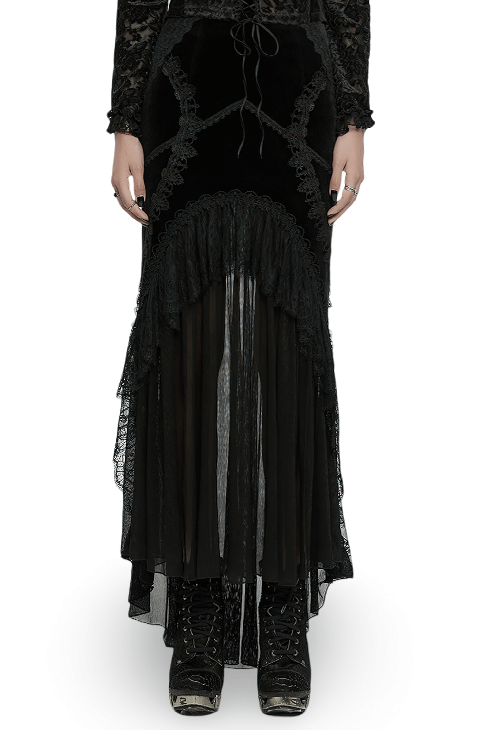 Black gothic lace fishtail skirt with sheer chiffon panels and velvet details, perfect for a dramatic gothic look.