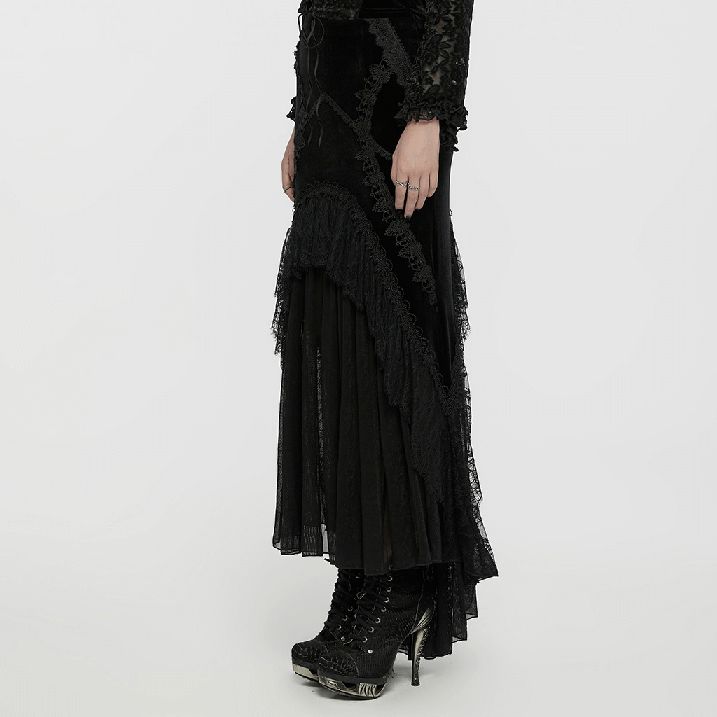 Black gothic lace fishtail skirt with sheer chiffon panels, featuring elegant velvet and lace details.