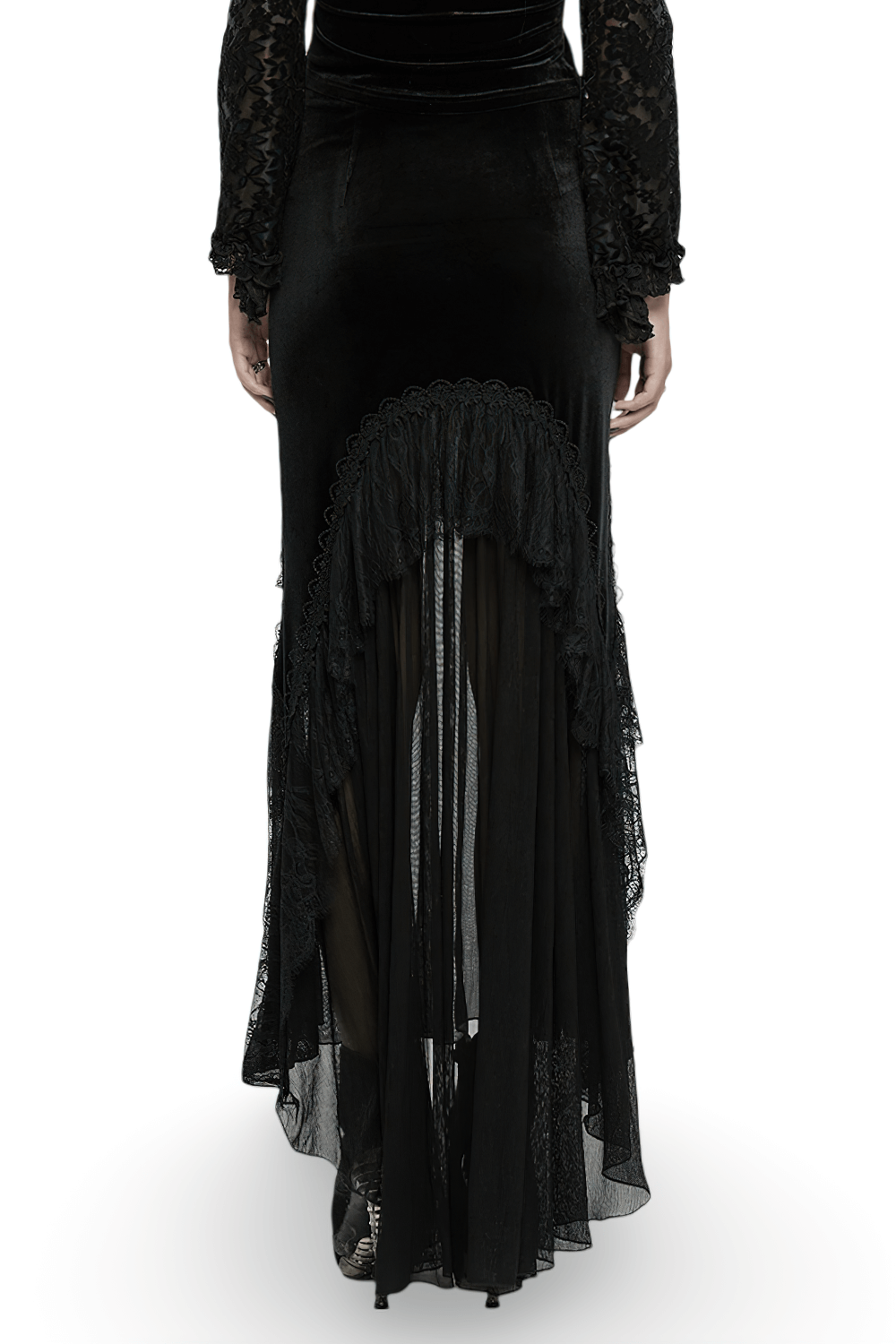 Back view of elegant black gothic lace fishtail skirt with sheer chiffon panels and lace trim details.