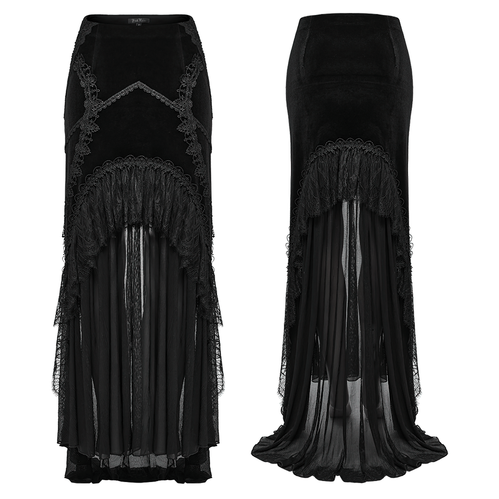 Elegant black gothic fishtail skirt with lace and chiffon panels, showcasing a dramatic silhouette and intricate detailing.