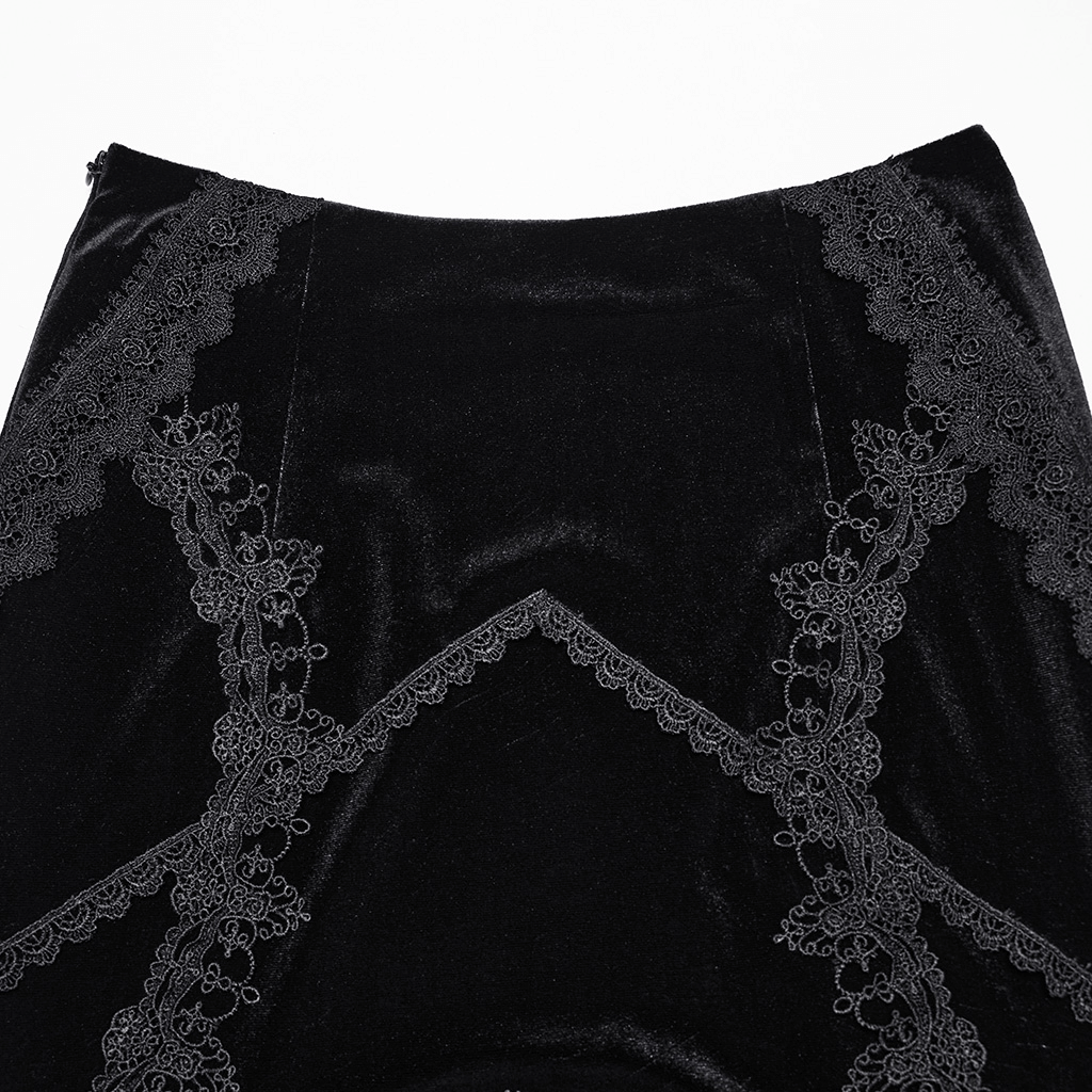 Elegant black velvet skirt featuring intricate lace details and stylish arch splicing design for a gothic look.