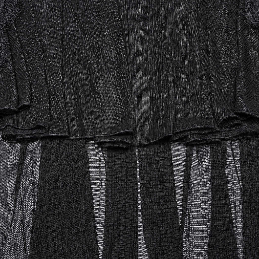 Detail of black gothic lace fishtail skirt featuring sheer chiffon panels and textured velvet fabric.