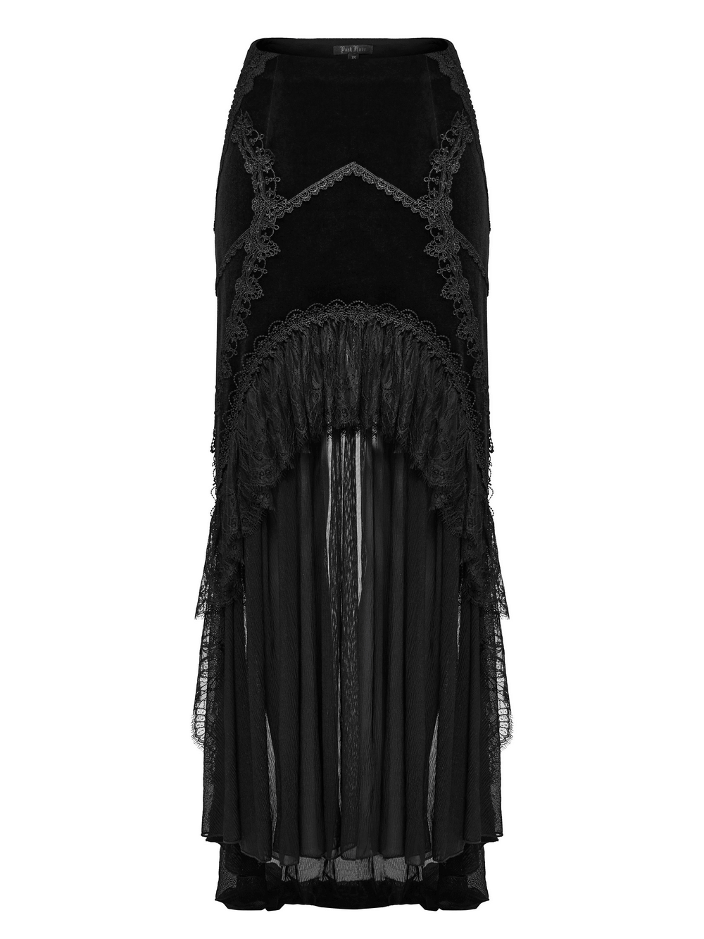Elegant black gothic lace fishtail skirt with sheer chiffon panels and velvet details.