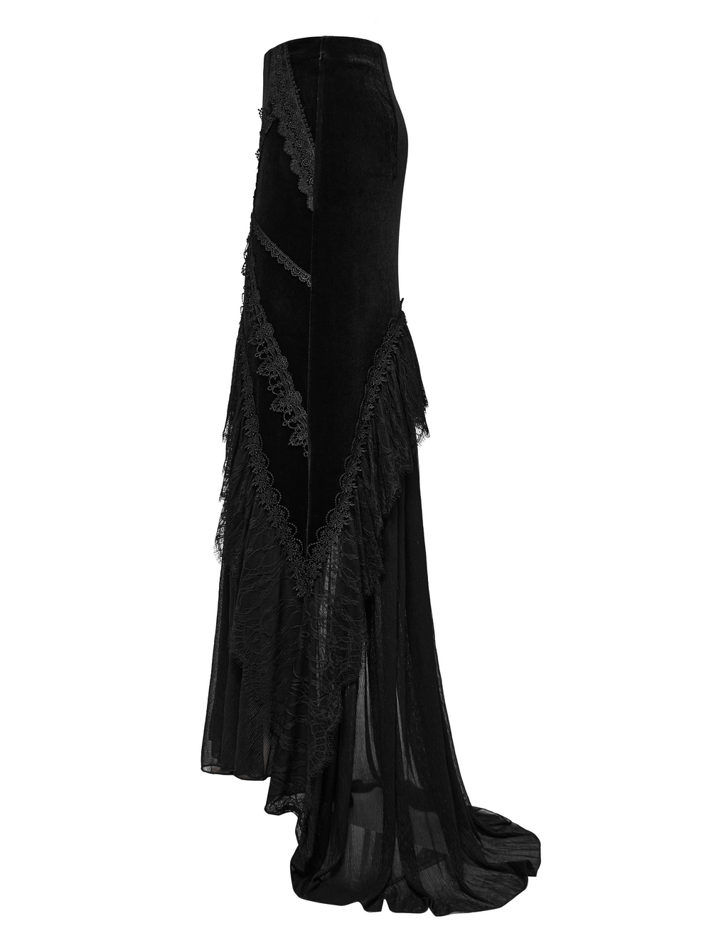 Black gothic lace fishtail skirt with sheer chiffon panels and velvet detailing for a dramatic, elegant look.