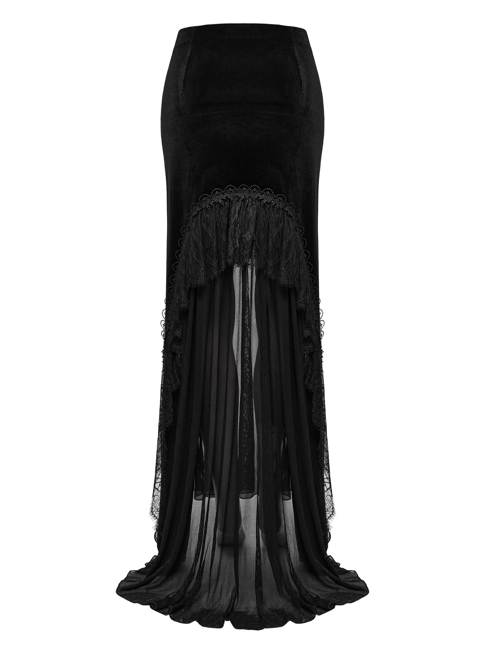 Black gothic fishtail skirt with velvet and lace details, featuring sheer chiffon panels for a dramatic silhouette.