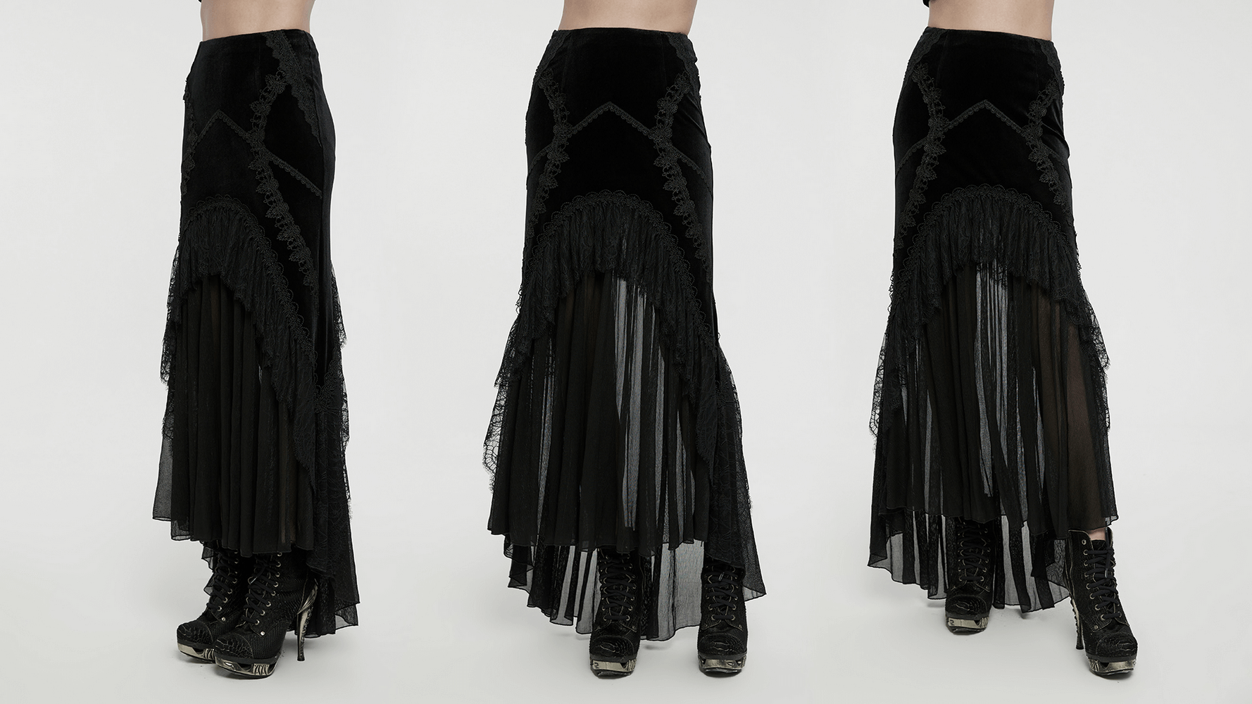 Elegant black gothic lace fishtail skirt with sheer chiffon panels and velvet details, perfect for a dramatic look.