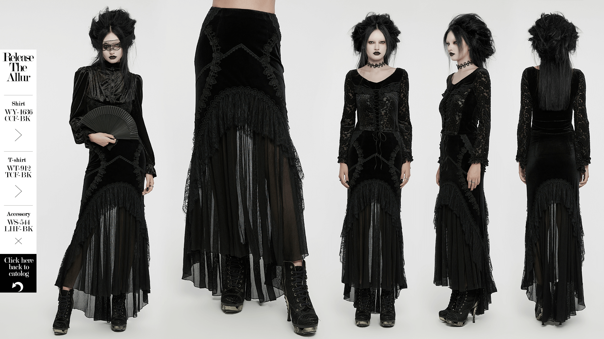 Black Gothic Fishtail Skirt with Sheer Chiffon Panels and Intricate Lace Design, Elegant Gothic Fashion Statement.