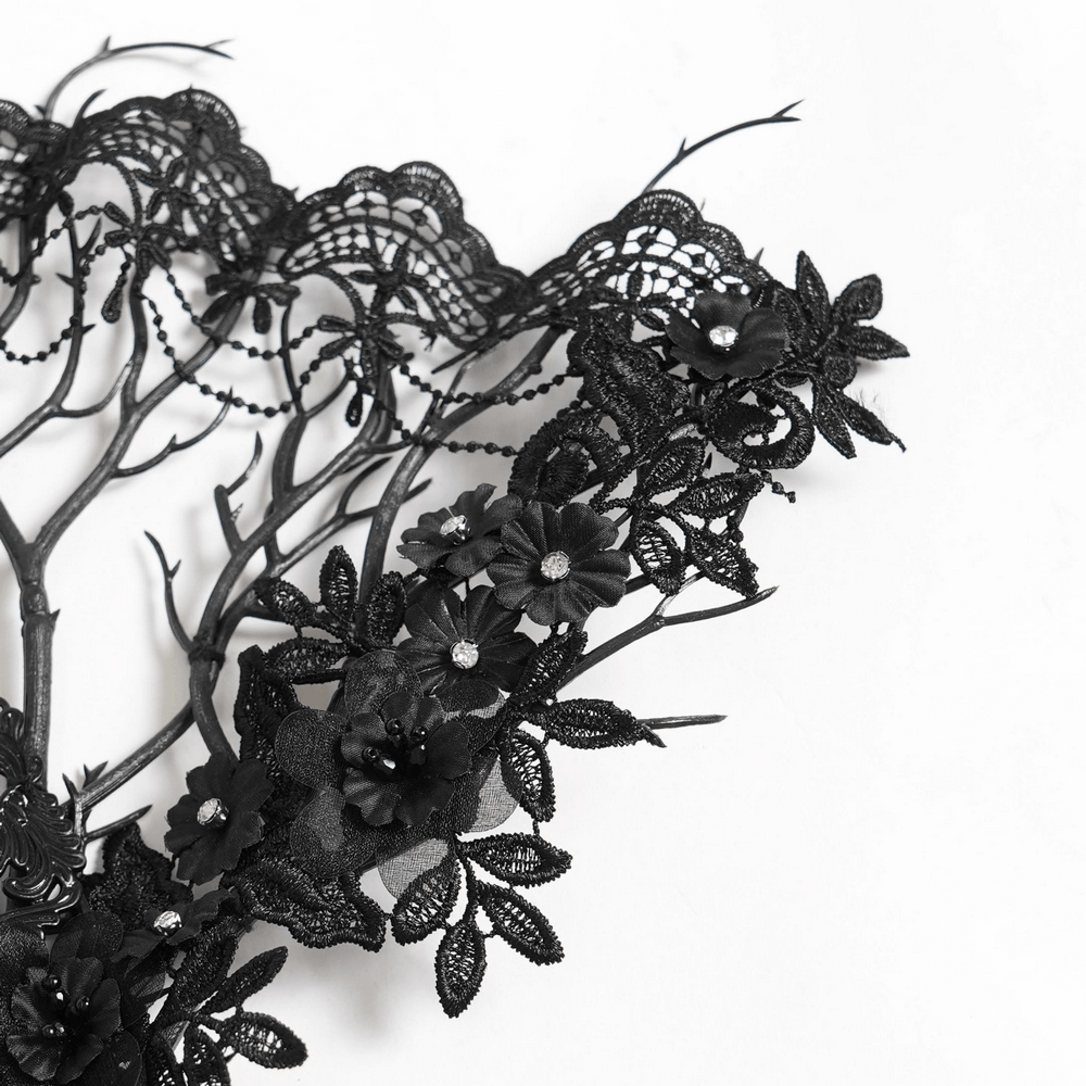 Alt Tag: Black Gothic Lace Hand Fan with Floral Branch Detail, Victorian dark romance lace fan with floral appliqué and filigree openwork