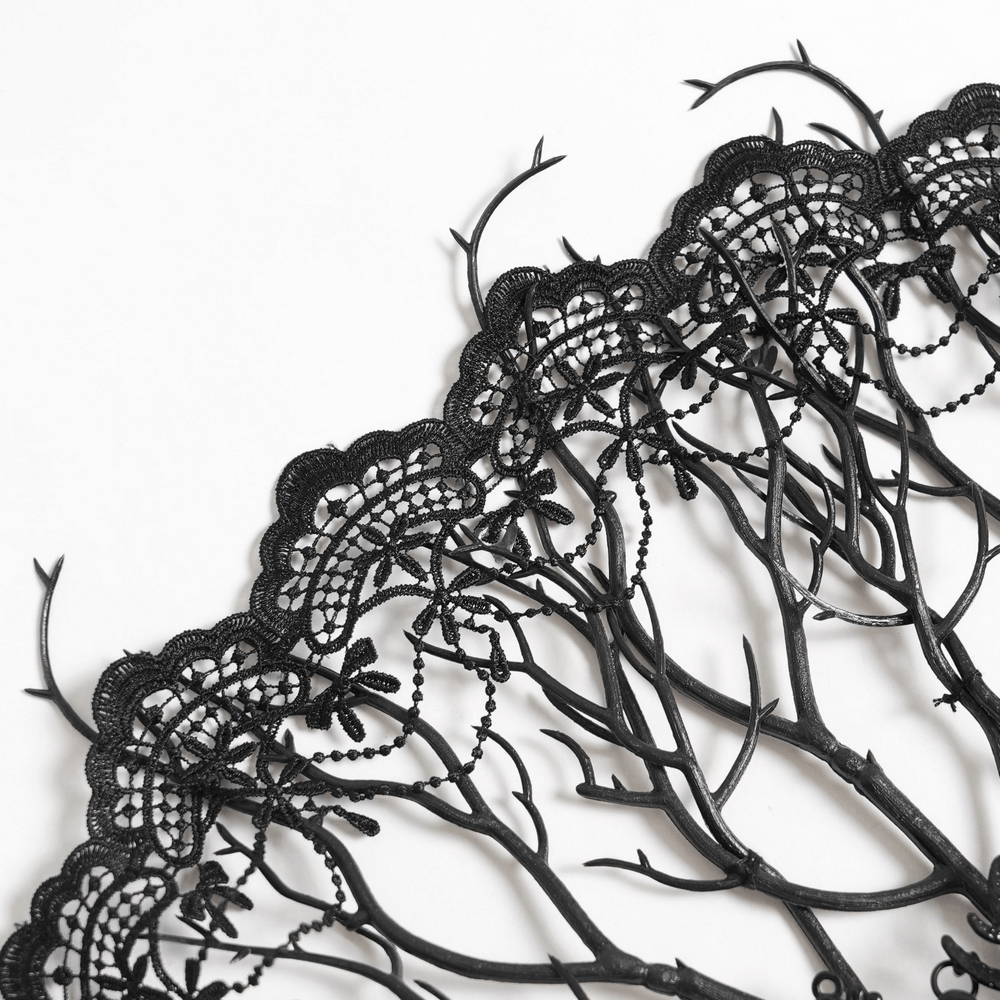 Alt Tag: Black Gothic Lace Hand Fan with Floral Branch Detail featuring Victorian black openwork lace, branching filigree and floral appliqué