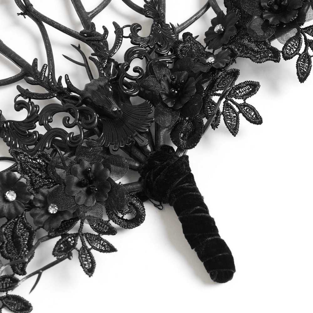 Alt Tag: Black Gothic Lace Hand Fan with Floral Branch Detail featuring ornate filigree, black floral lace appliqué, Victorian dark romance accessory