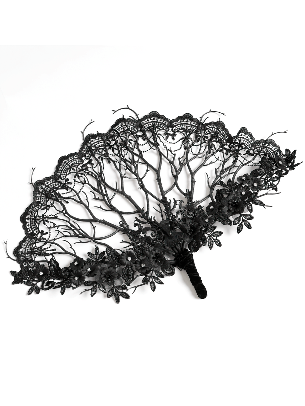 Alt Tag: Black Gothic Lace Hand Fan with Floral Branch Detail, Victorian dark romance lace fan with branching filigree and floral appliqué