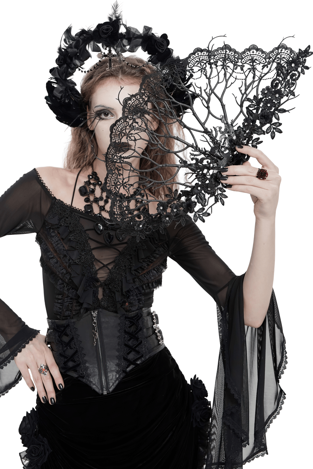 Alt Tag: Black Gothic Lace Hand Fan with Floral Branch Detail Victorian lace fan with floral filigree for dark romance gothic events