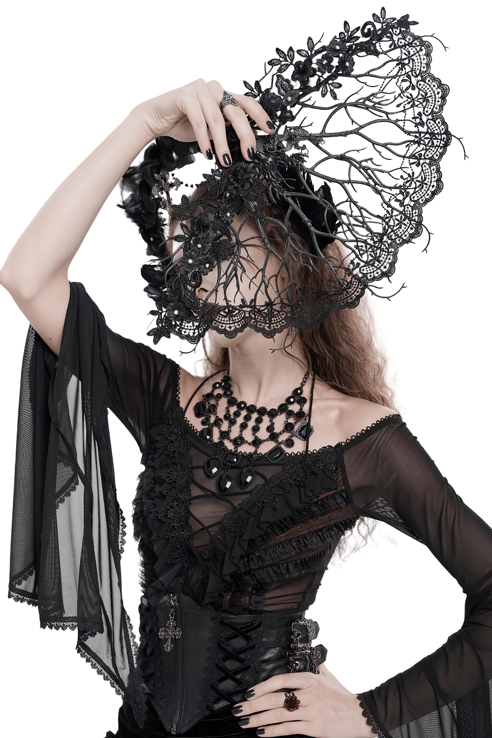 Alt Tag: Black Gothic Lace Hand Fan with Floral Branch Detail, Victorian dark romance lace fan accessory with floral branch filigree for gothic events