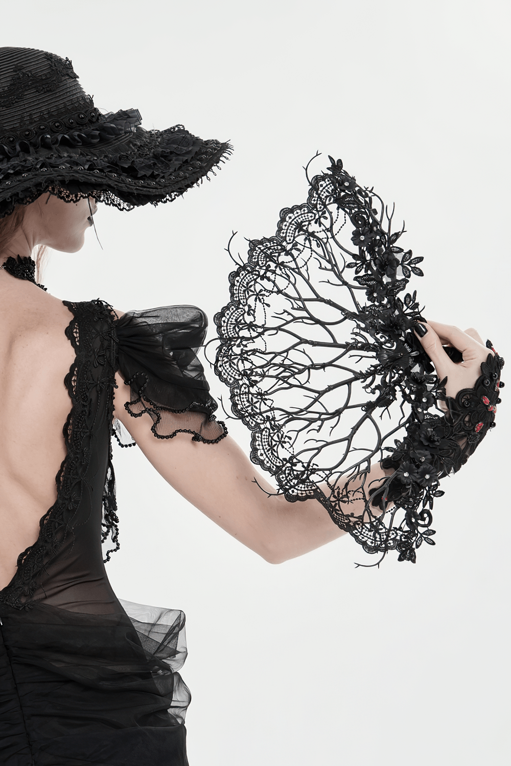 Alt Tag: Black Gothic Lace Hand Fan with Floral Branch Detail, Victorian dark romance lace accessory with floral filigree for gothic events