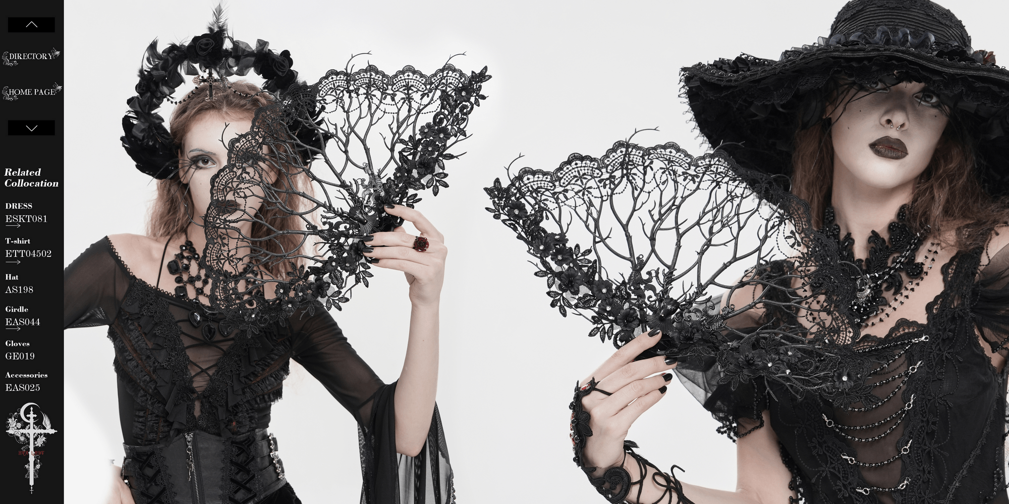Alt Tag: Black Gothic Lace Hand Fan with Floral Branch Detail held by models in Victorian dark romance gothic lace outfits for themed photo shoots