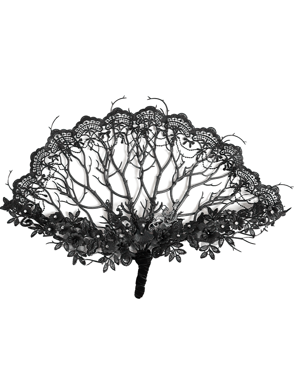 Alt Tag: Black Gothic Lace Hand Fan with Floral Branch Detail, Victorian dark romance lace fan with floral applique and ornate openwork silhouette