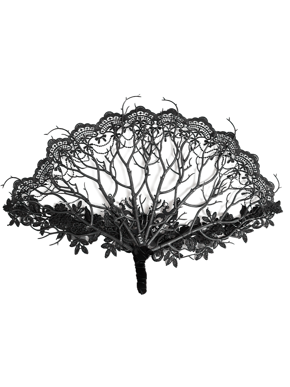 Alt Tag: Black Gothic Lace Hand Fan with Floral Branch Detail Victorian lace accessory with branching filigree and floral appliqué for dark romance looks