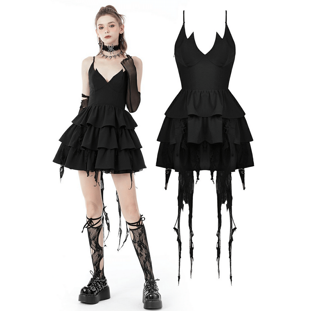 Black Gothic lace high-low dress with plunging neckline and fringe detailing in ruffled layers.
