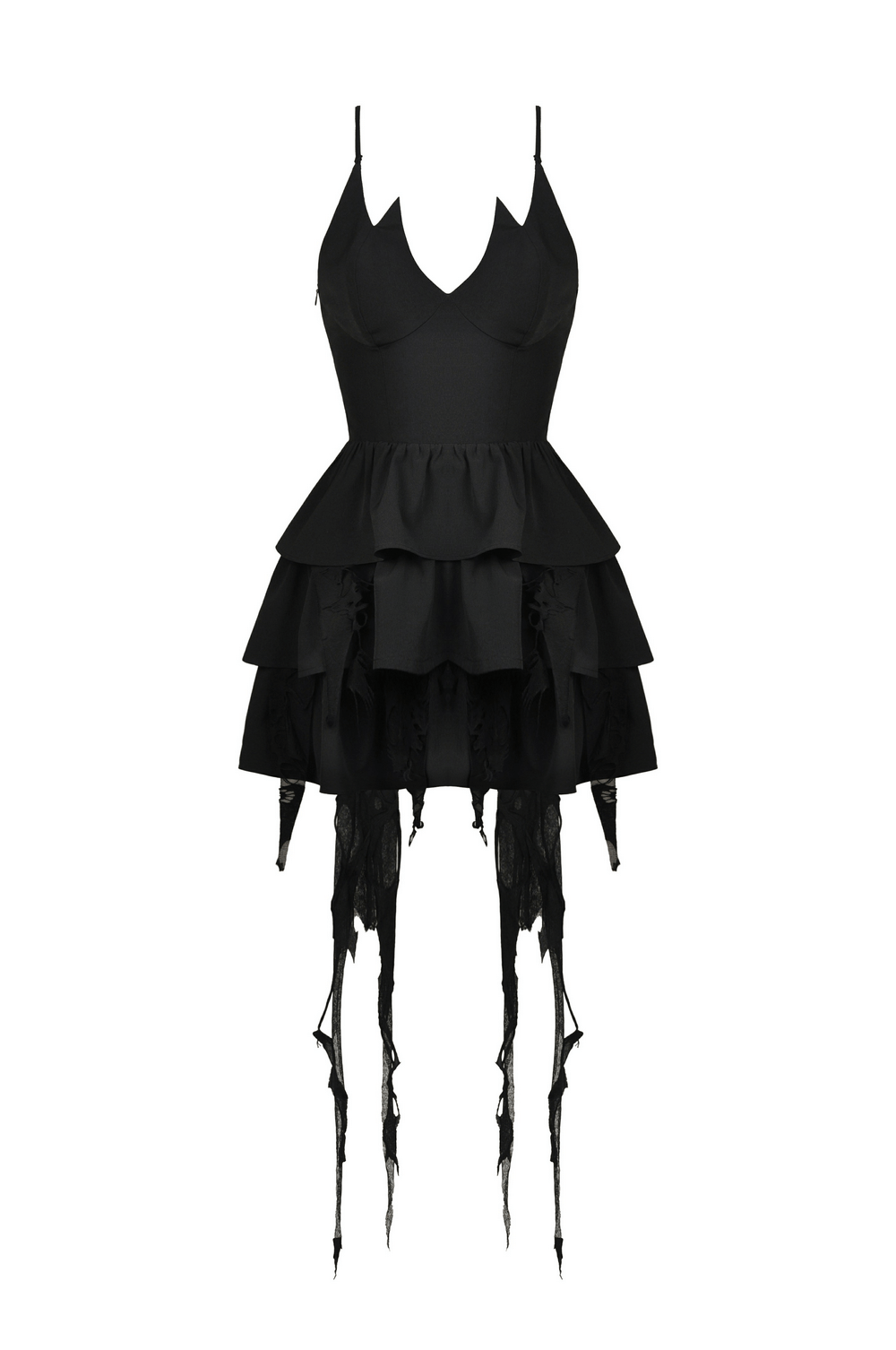 Black Gothic Lace High-Low Dress with Fringe Detailing