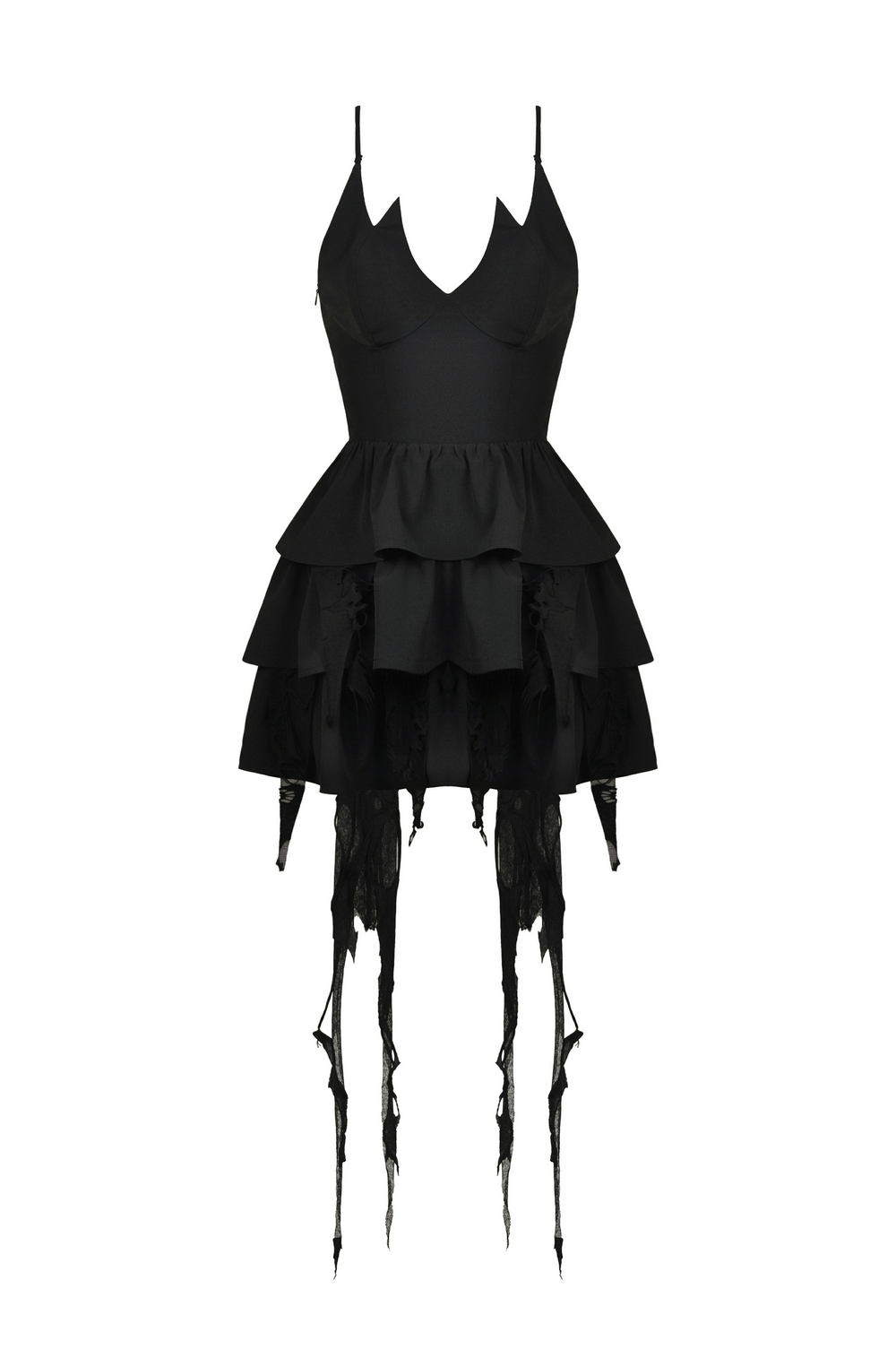 Black Gothic lace high-low dress with plunging neckline and fringe detailing, perfect for dark romantic vibes.