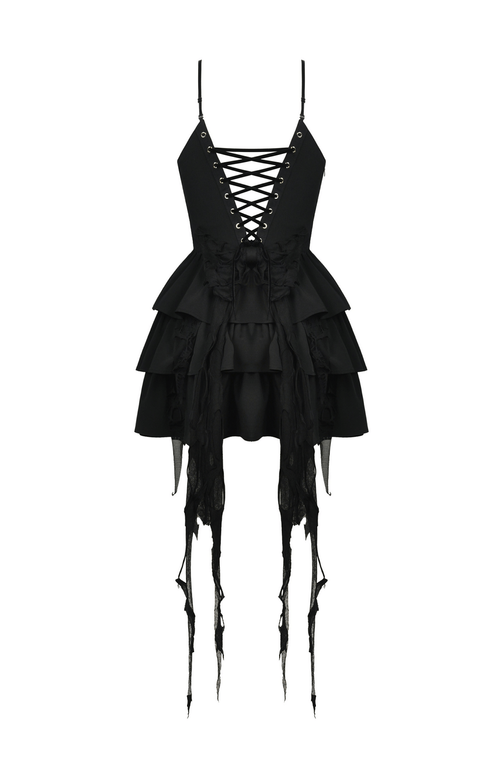 Elegant black Gothic dress with plunging neckline, layered ruffles, and edgy fringe detailing.