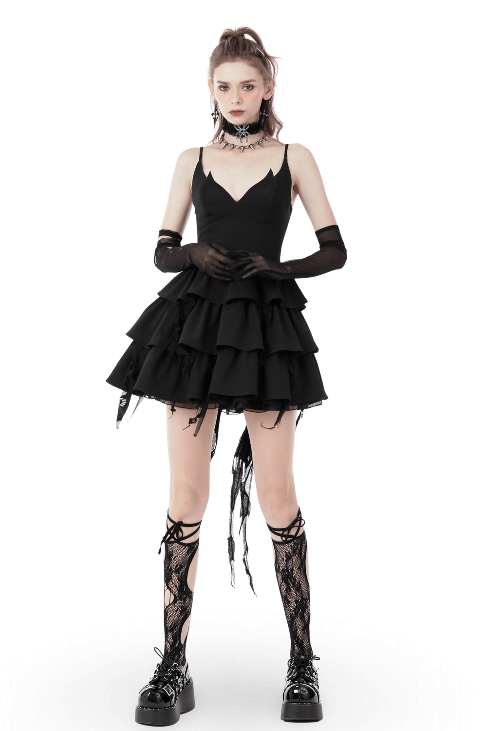 Black Gothic lace hi-low dress with fringe detailing, plunging neckline, and layered ruffles for a dark romantic look.