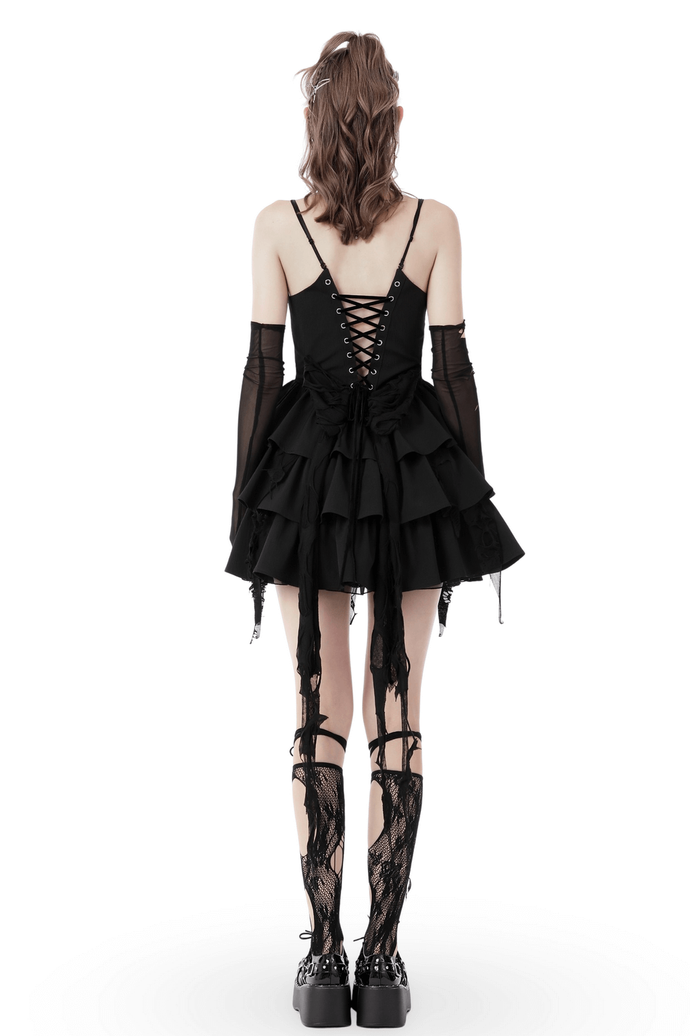 Black Gothic Lace High-Low Dress with Fringe Detailing