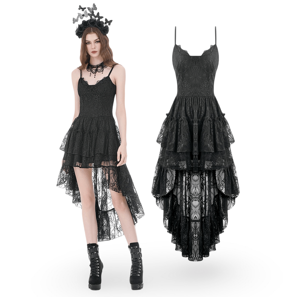 Black Gothic Lace High Low Dress with Ruffle Skirt
