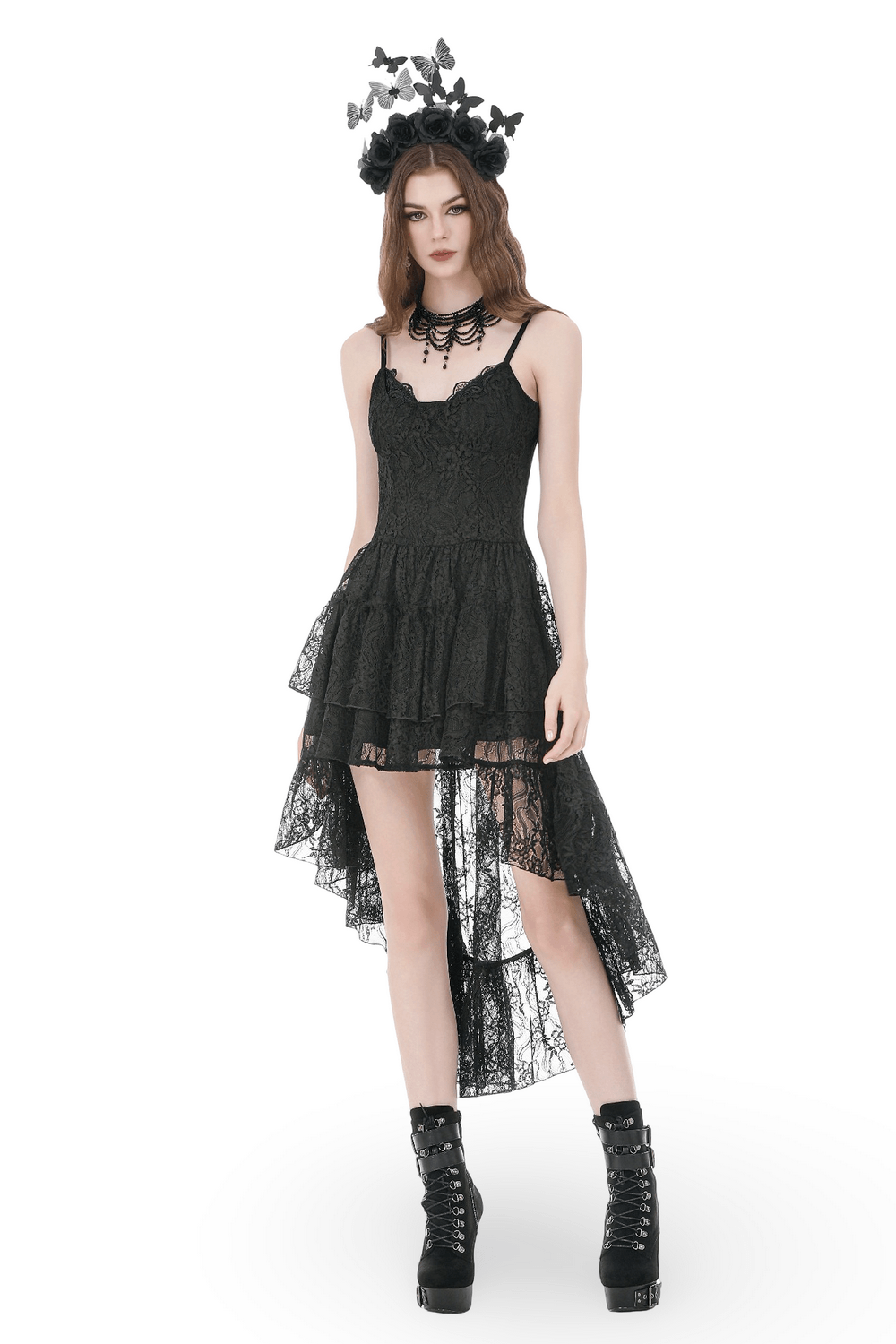 Black Gothic Lace High Low Dress with Ruffle Skirt