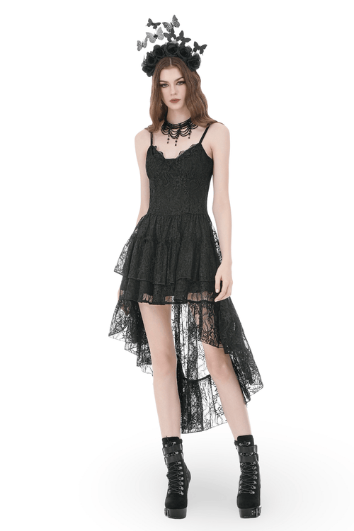 Black Gothic Lace High Low Dress with Ruffle Skirt