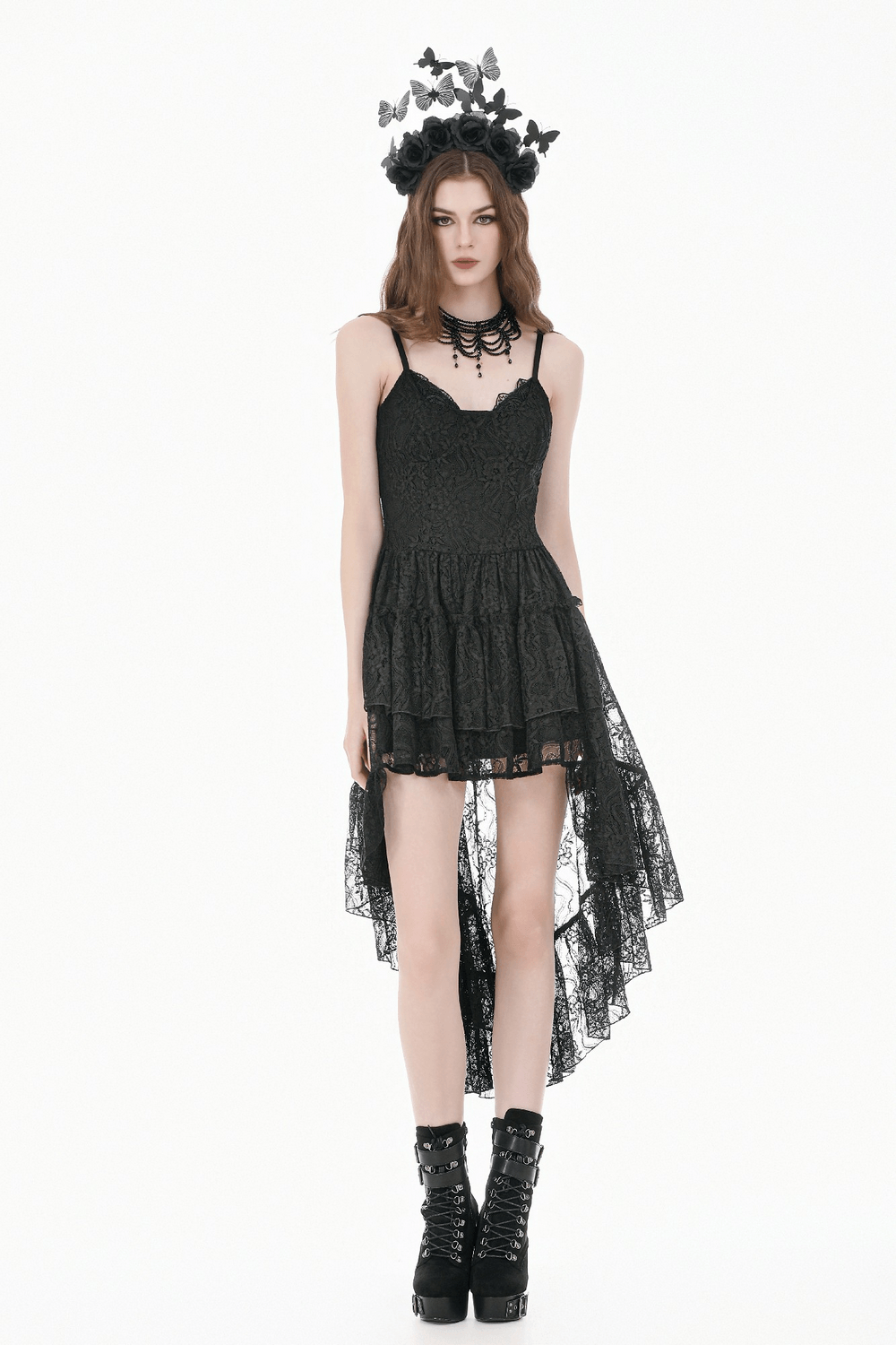Black Gothic Lace High Low Dress with Ruffle Skirt