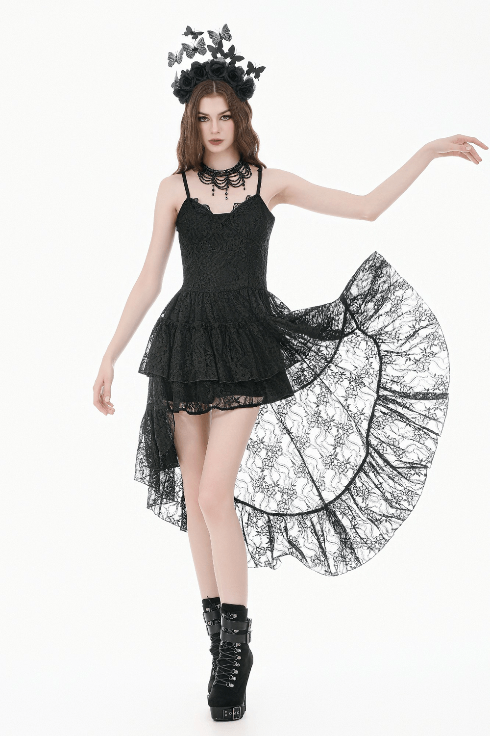 Black Gothic Lace High Low Dress with Ruffle Skirt
