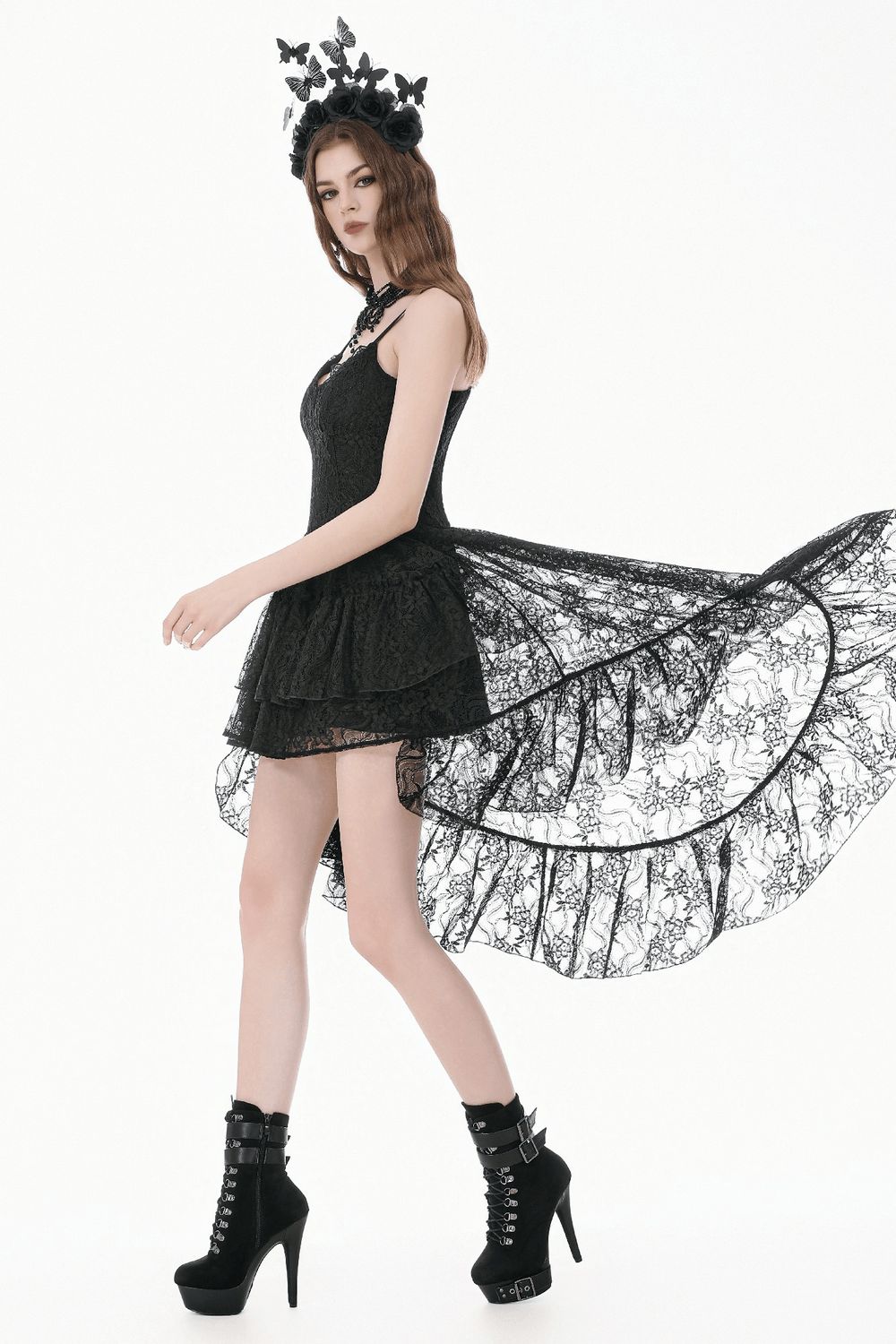 Black Gothic Lace High Low Dress with Ruffle Skirt