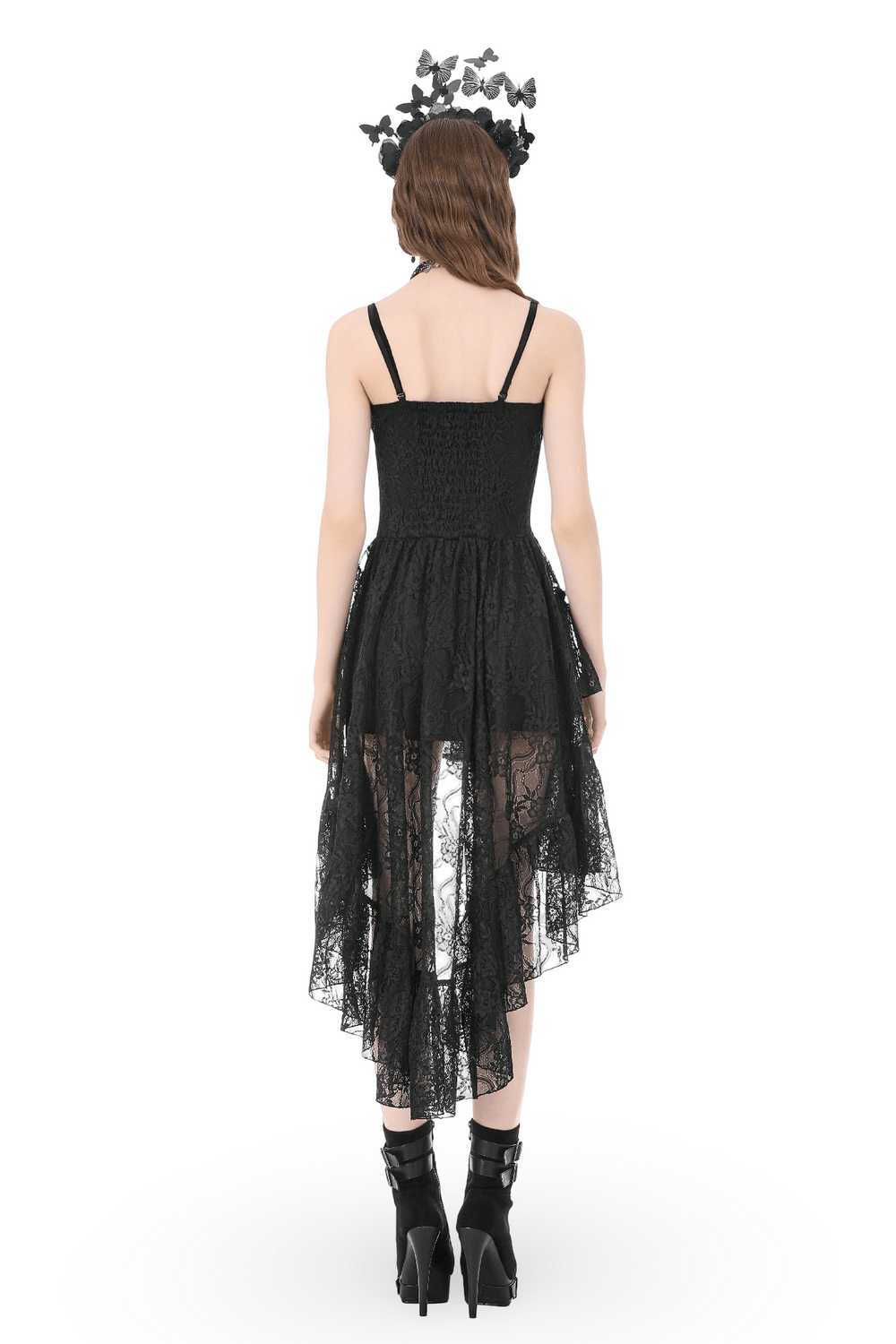 Black Gothic Lace High Low Dress with Ruffle Skirt
