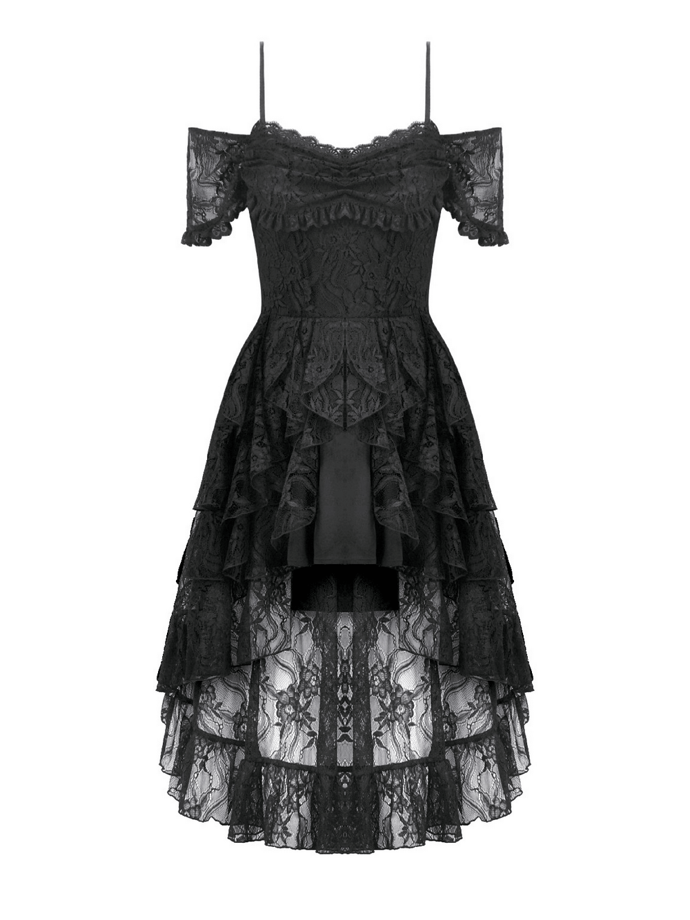 Black Gothic Lace High-Low Party Dress with Ruffles featuring off-shoulder flutter sleeves and layered tulle.