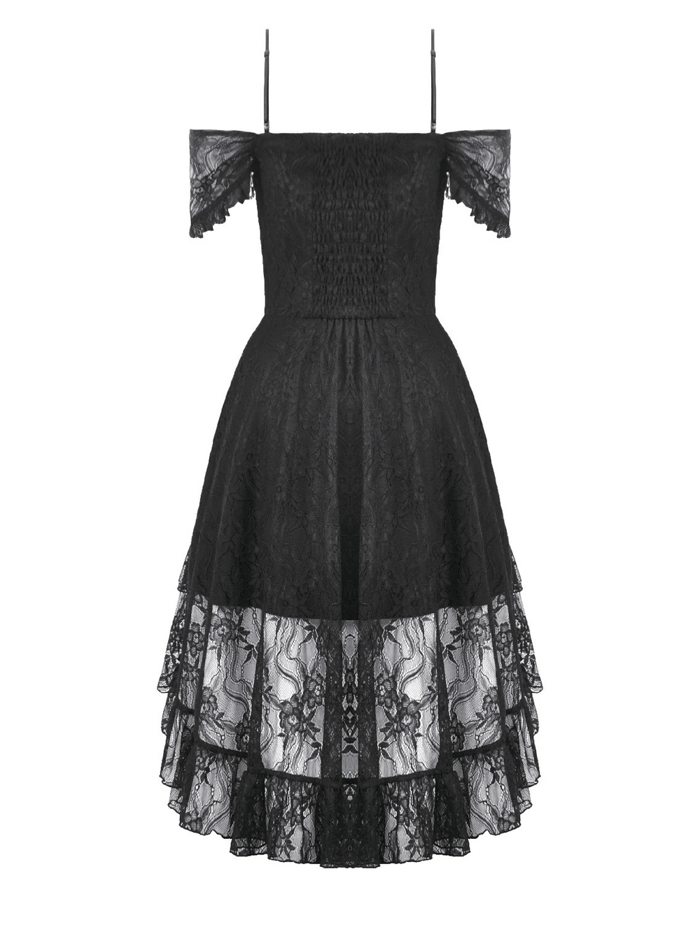 Black Gothic Lace High-Low Party Dress with Ruffles featuring off-shoulder sleeves and sheer lace details.