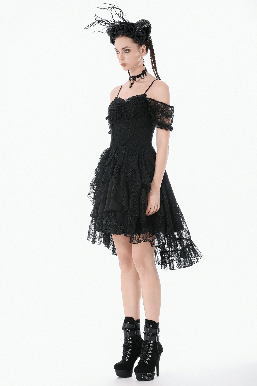 Black Gothic Lace High-Low Party Dress with Ruffles worn by model with dramatic makeup and gothic accessories.