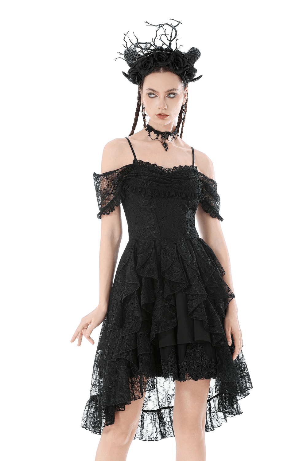 Black Gothic Lace High-Low Party Dress with Ruffles styled with a witchy accessory and layered tulle details.