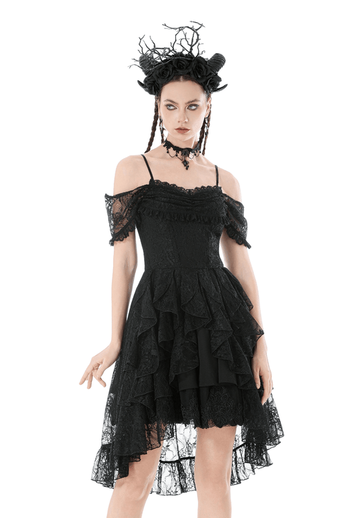 Robe de soirée noire gothique en dentelle à ourlet asymétrique avec volants