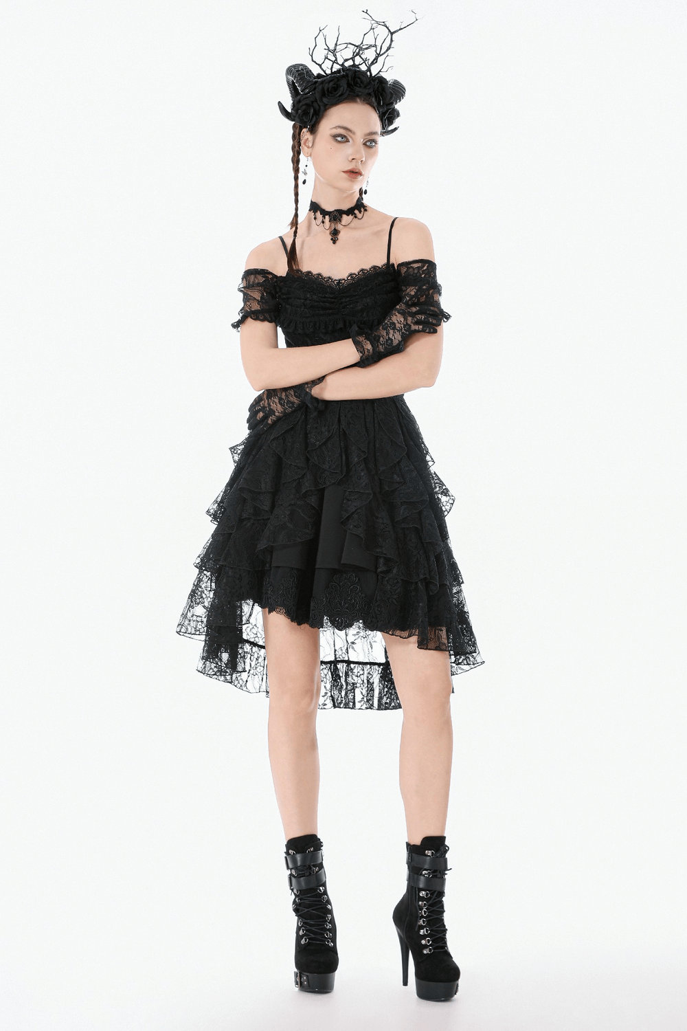 Black Gothic Lace High-Low Party Dress with Ruffles worn by model, featuring layered tulle and off-shoulder flutter sleeves.