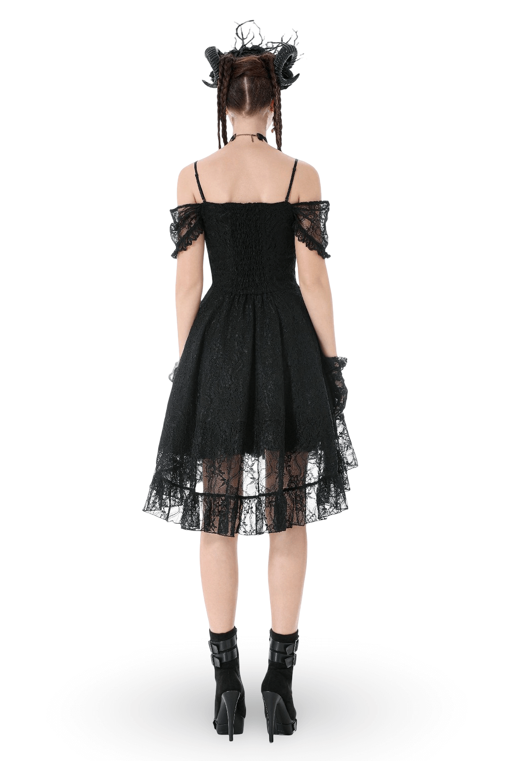 Back view of Black Gothic Lace High-Low Party Dress with Ruffles showcasing the lace details and flutter sleeves.