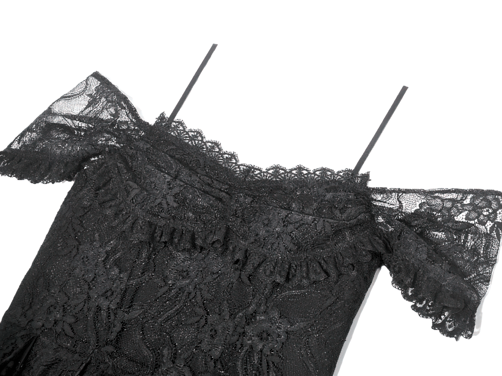 Black Gothic Lace High-Low Party Dress with Ruffles featuring off-shoulder flutter sleeves and intricate lace details.