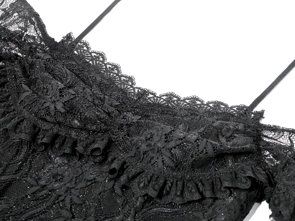 Black Gothic Lace High-Low Party Dress with Ruffles featuring intricate lace details and ruffled edges.