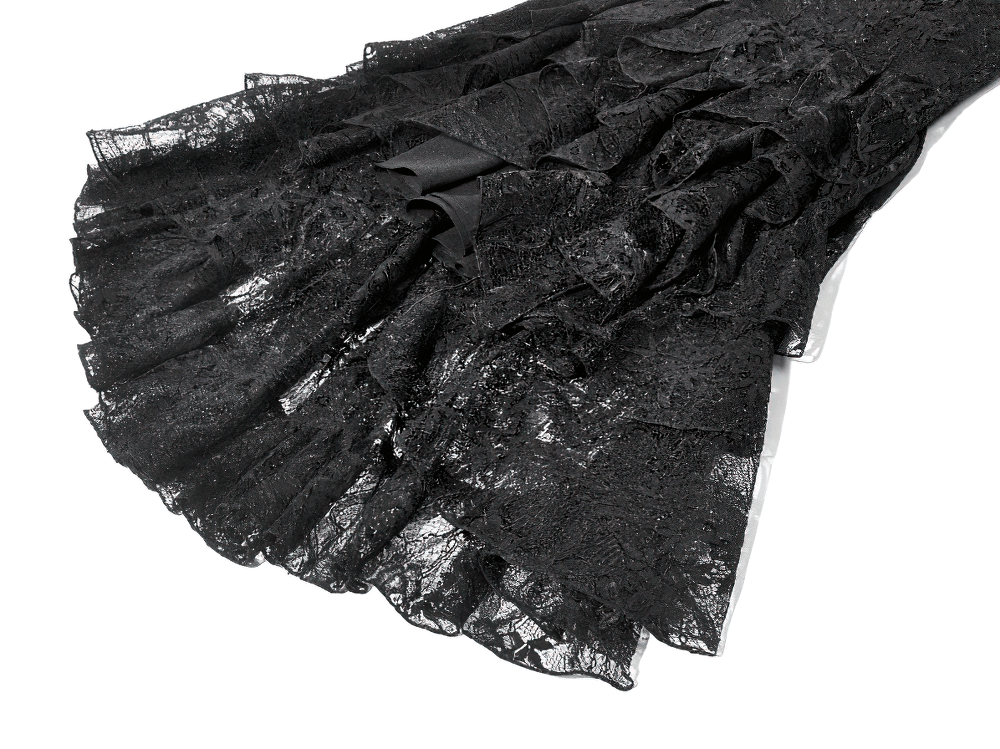 Black Gothic Lace High-Low Party Dress with Ruffles showcasing intricate lace and dramatic ruffled hemline.