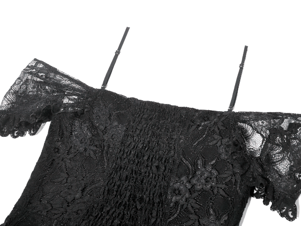 Black Gothic Lace High-Low Party Dress with Ruffles featuring off-shoulder flutter sleeves and intricate lace details.