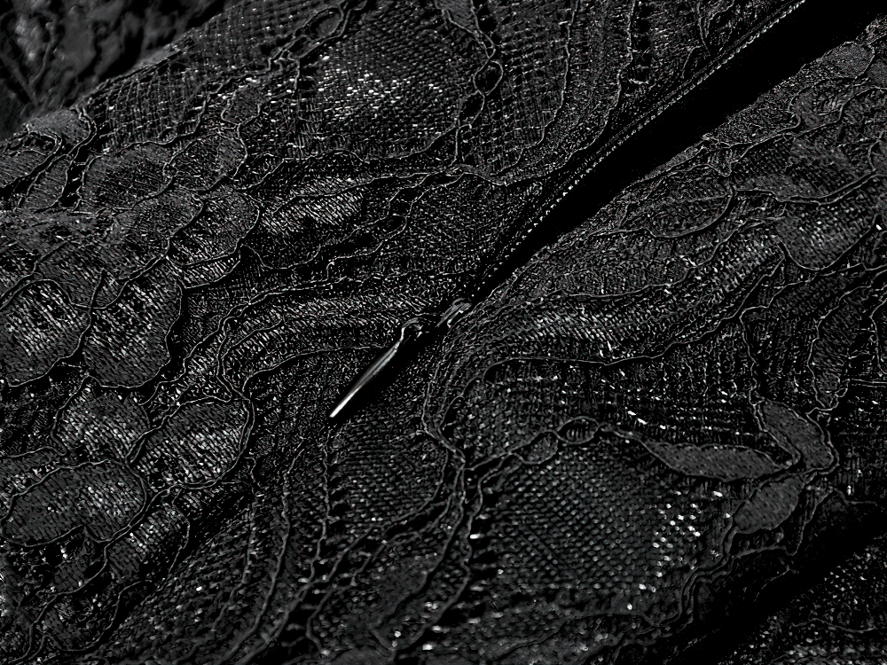 Black Gothic Lace High-Low Party Dress with Ruffles detailed fabric showing intricate lace design and zipper closure.