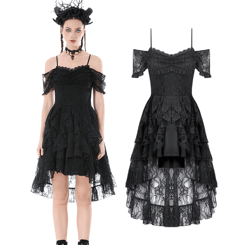 Black Gothic Lace High-Low Party Dress with Ruffles showcased from two angles, featuring dramatic layers and sheer lace details.