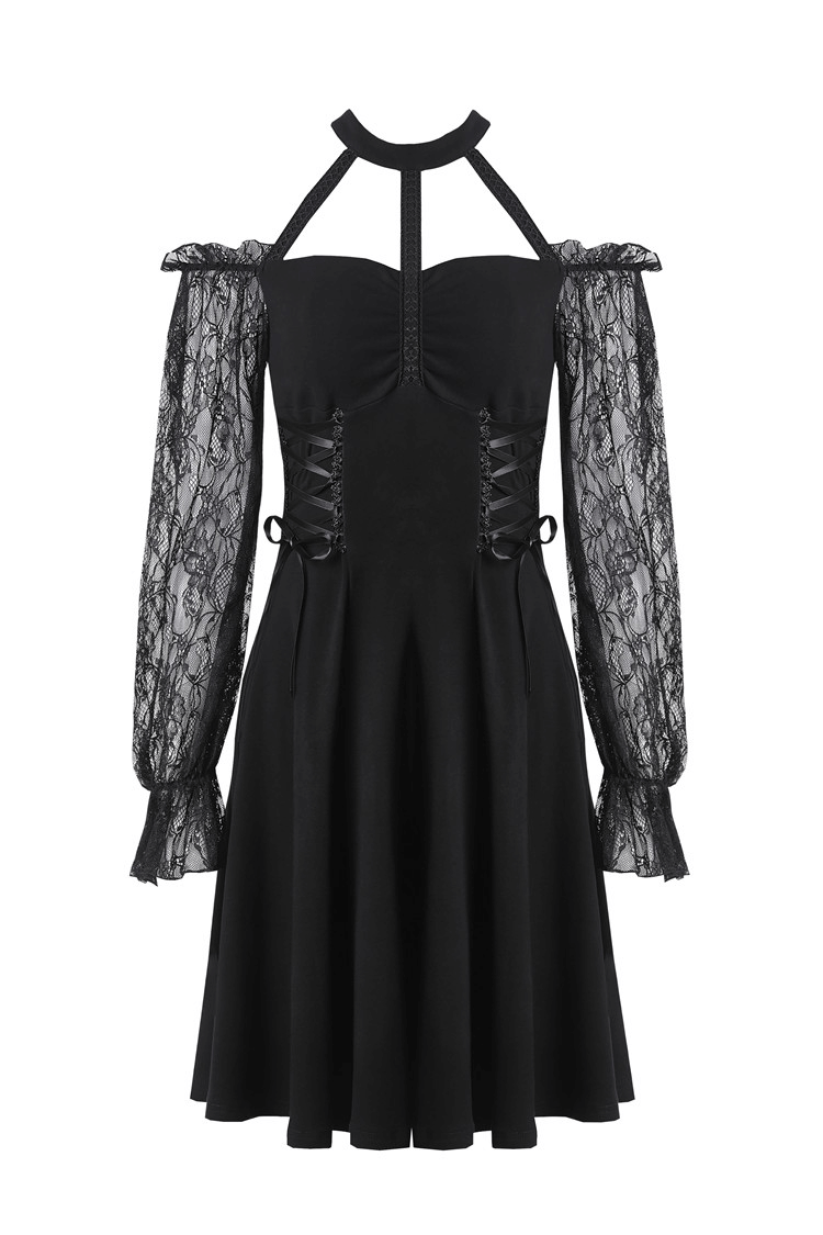 Black Gothic Lace High-Waisted Dress with Bishop Sleeves