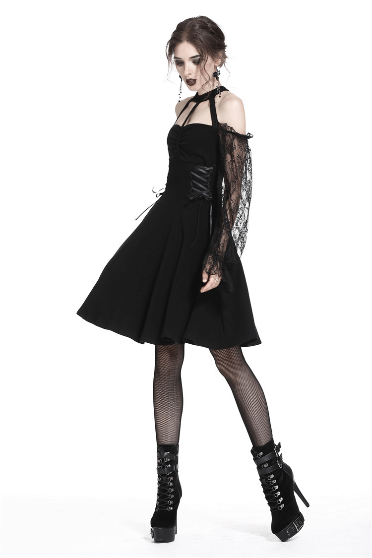 Black Gothic Lace High-Waisted Dress with Bishop Sleeves