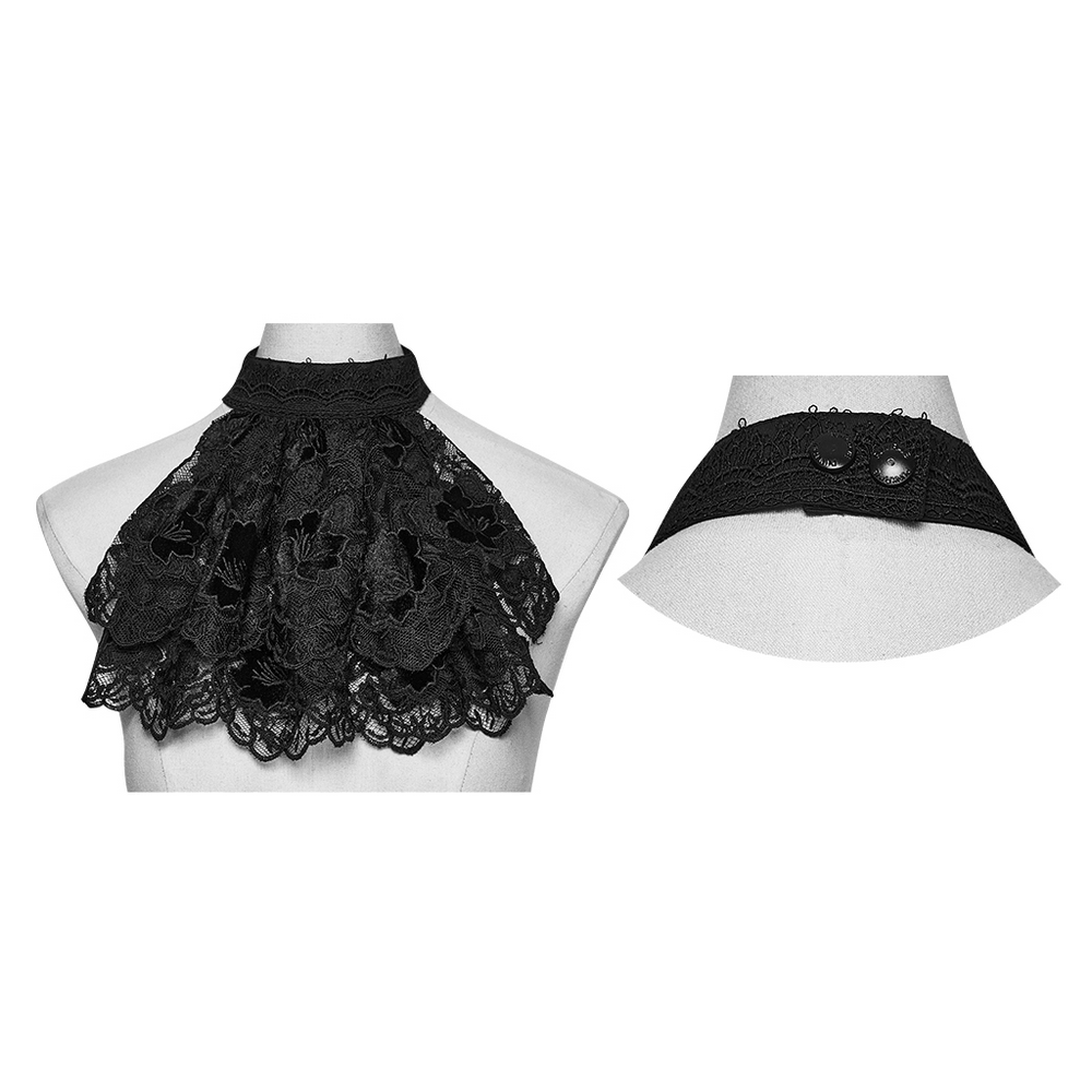 Schwarzer gotischer Spitzen-Jabot-Choker-Kragen mit Rüschenlatz
